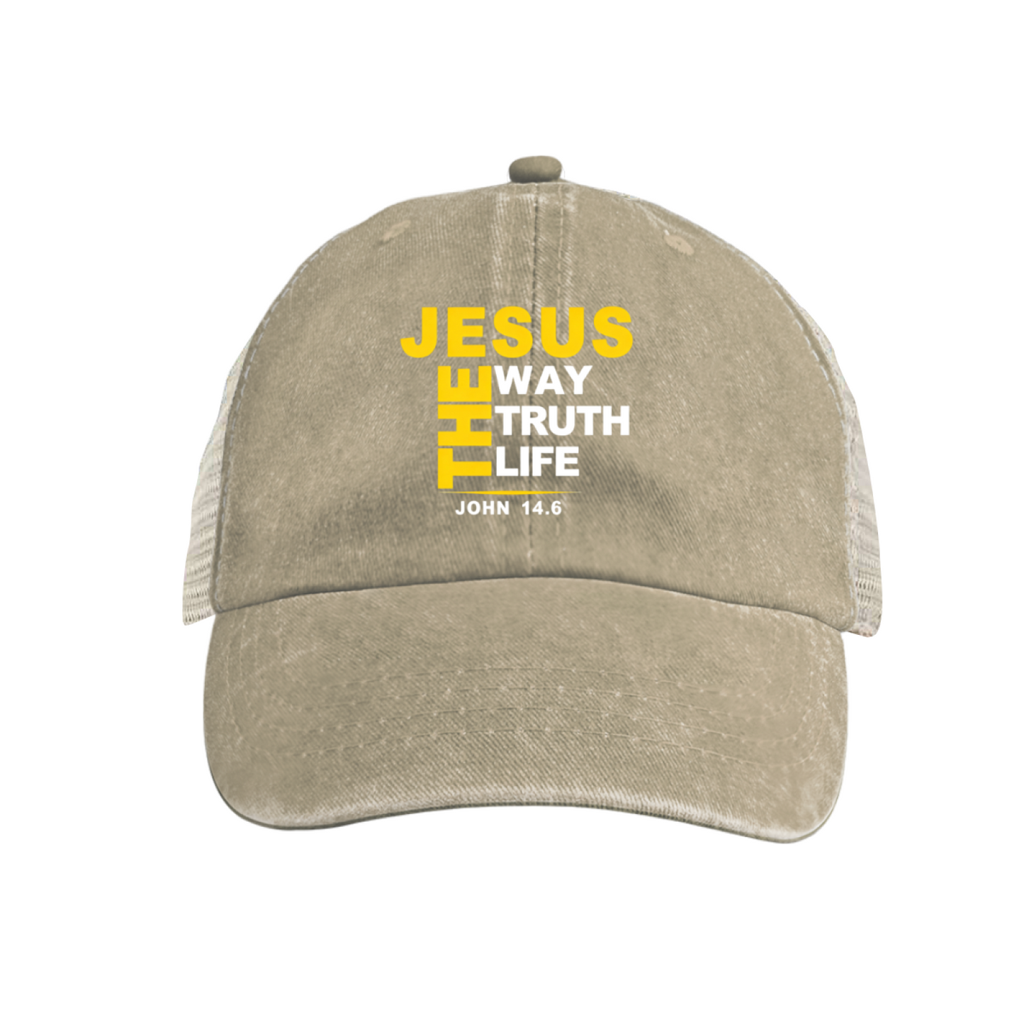 JESUS THE WAY TRUTH LIFE John 14:6 Khaki Washed Mesh Trucker Hat, Faith Religious Vintage Baseball Hat