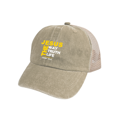 JESUS THE WAY TRUTH LIFE John 14:6 Khaki Washed Mesh Trucker Hat, Faith Religious Vintage Baseball Hat