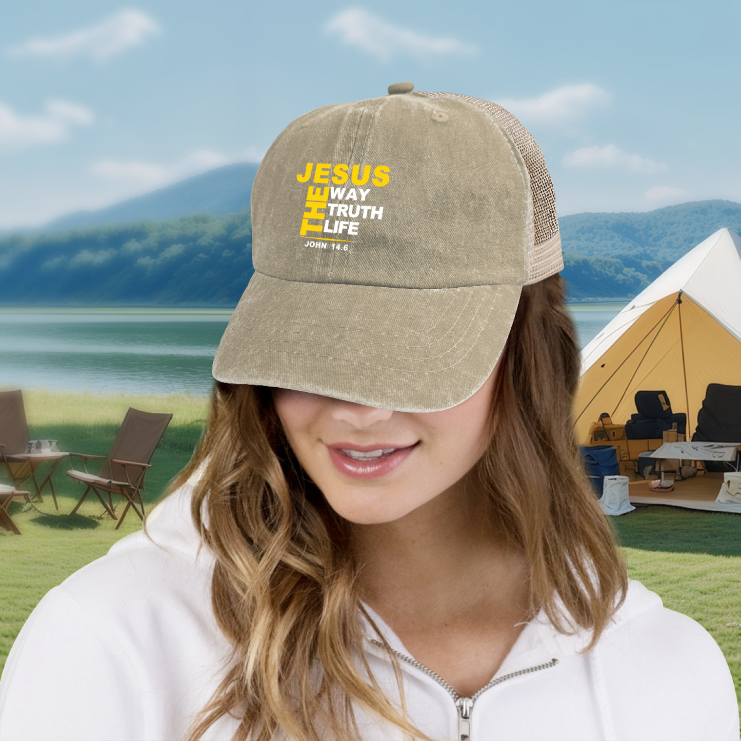 JESUS THE WAY TRUTH LIFE John 14:6 Khaki Washed Mesh Trucker Hat, Faith Religious Vintage Baseball Hat