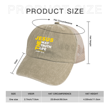 JESUS THE WAY TRUTH LIFE John 14:6 Khaki Washed Mesh Trucker Hat, Faith Religious Vintage Baseball Hat