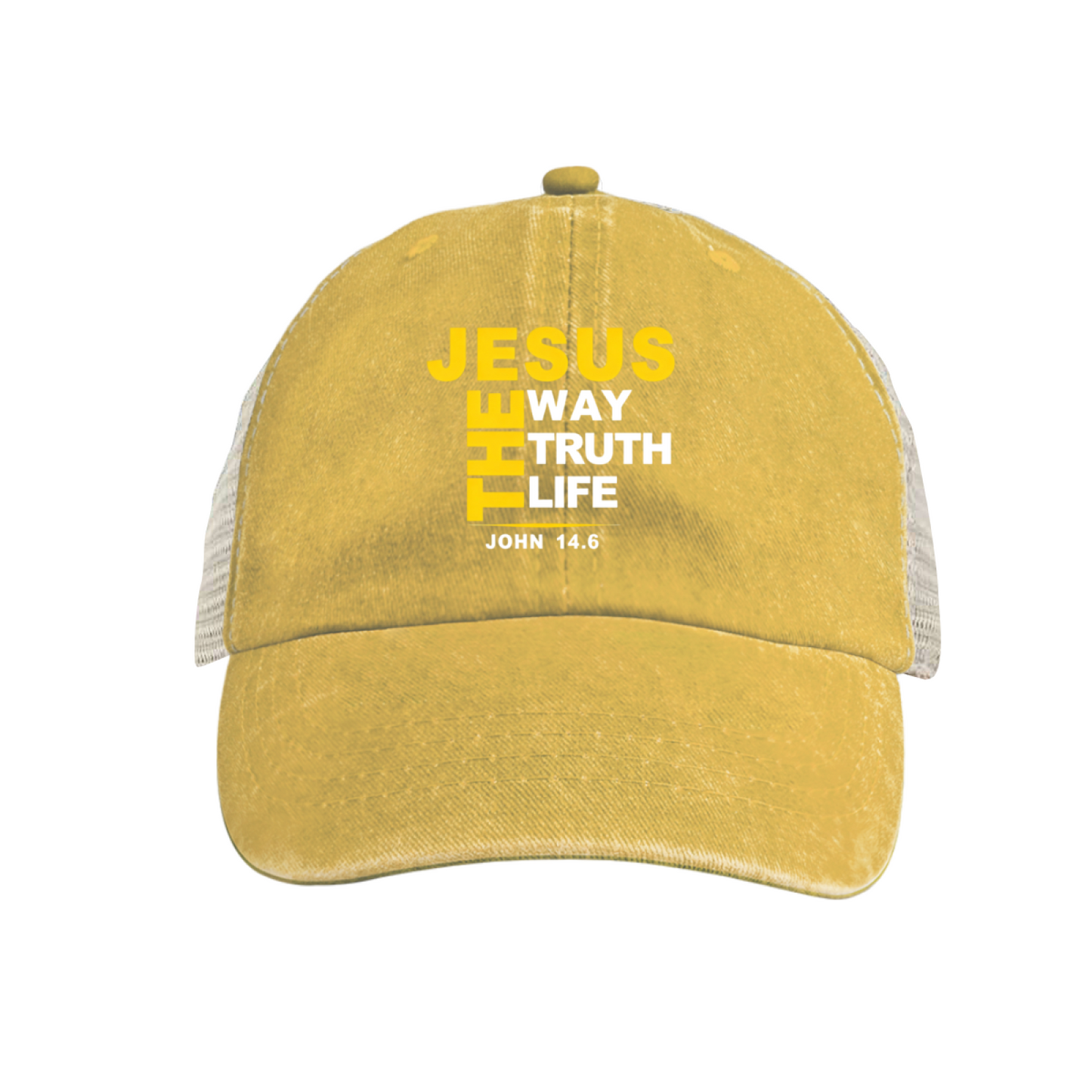 JESUS THE WAY TRUTH LIFE John 14:6 Khaki Washed Mesh Trucker Hat, Faith Religious Vintage Baseball Hat