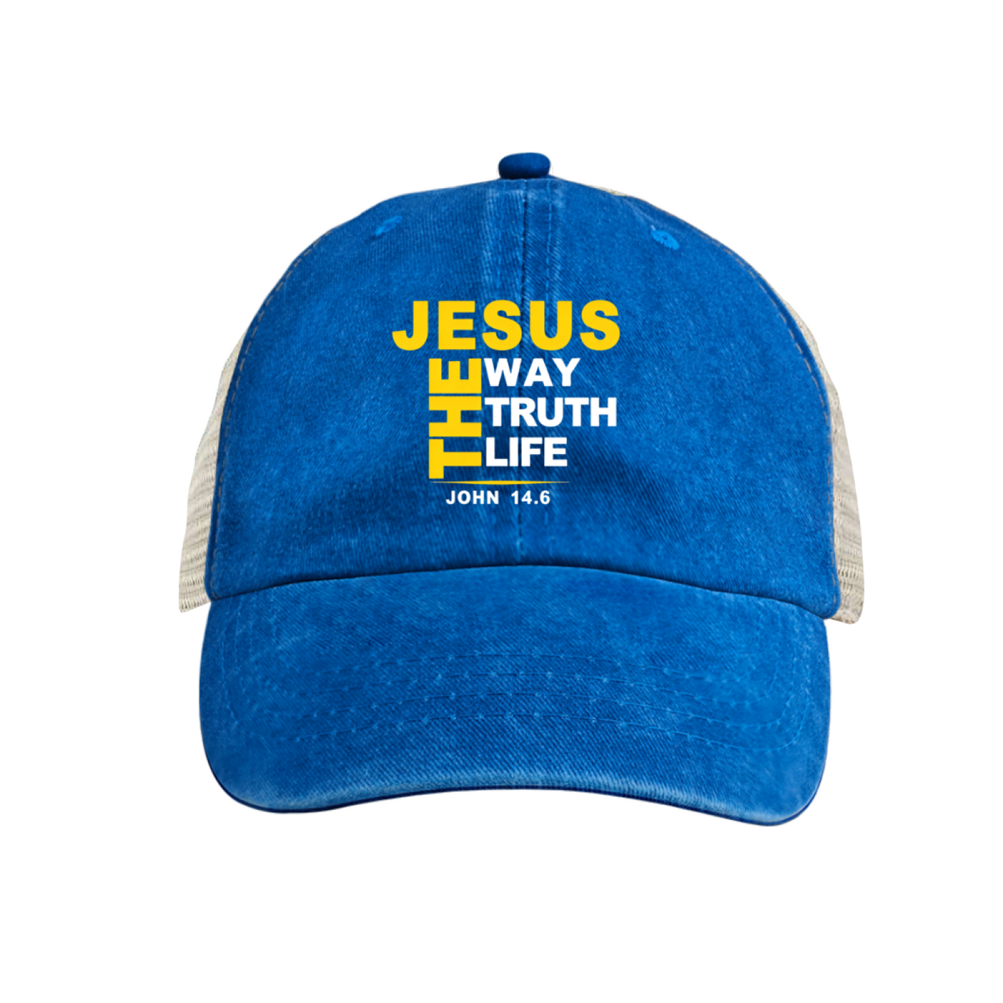 JESUS THE WAY TRUTH LIFE John 14:6 Khaki Washed Mesh Trucker Hat, Faith Religious Vintage Baseball Hat