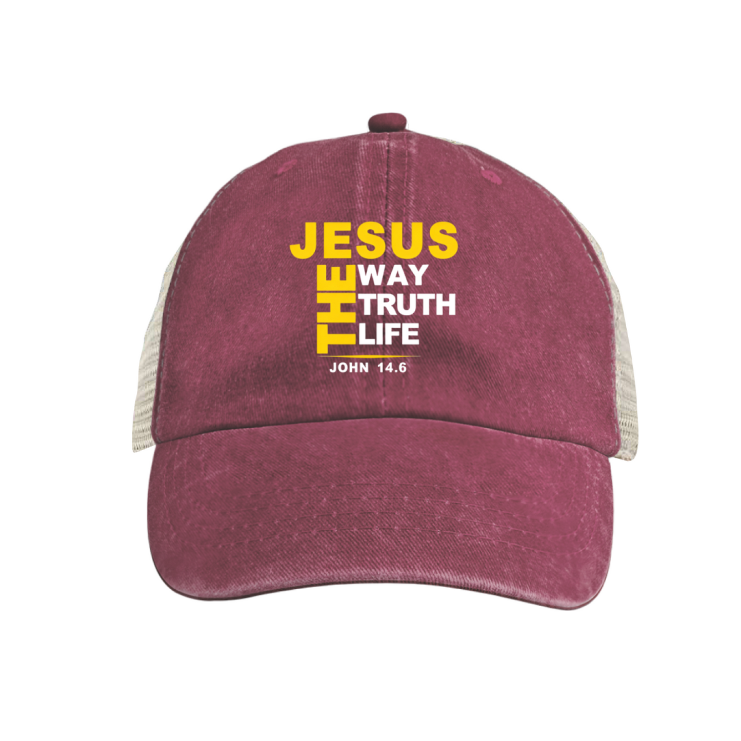 JESUS THE WAY TRUTH LIFE John 14:6 Khaki Washed Mesh Trucker Hat, Faith Religious Vintage Baseball Hat