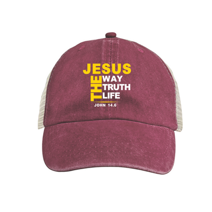 JESUS THE WAY TRUTH LIFE John 14:6 Khaki Washed Mesh Trucker Hat, Faith Religious Vintage Baseball Hat