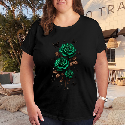 Dark Emerald Green Rose Bouquet Elegant Gothic Plus Size Women Printed T-Shirt
