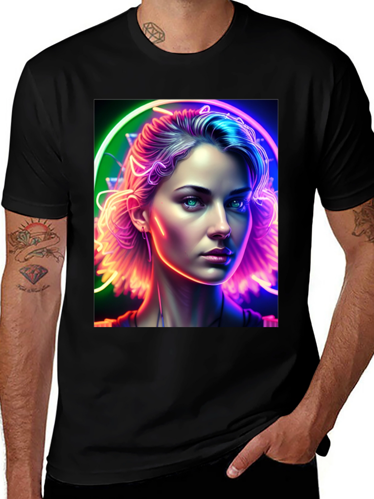 Neon Portrait Graphic Tee - Modern Art Shirt