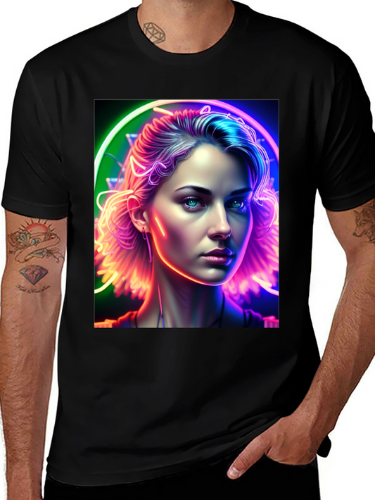 Neon Portrait Graphic Tee - Modern Art Shirt