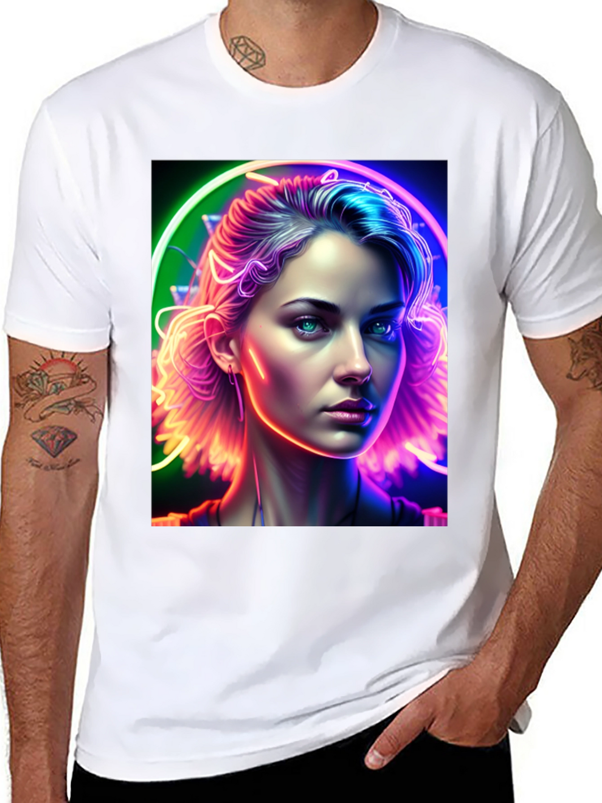 Neon Portrait Graphic Tee - Modern Art Shirt