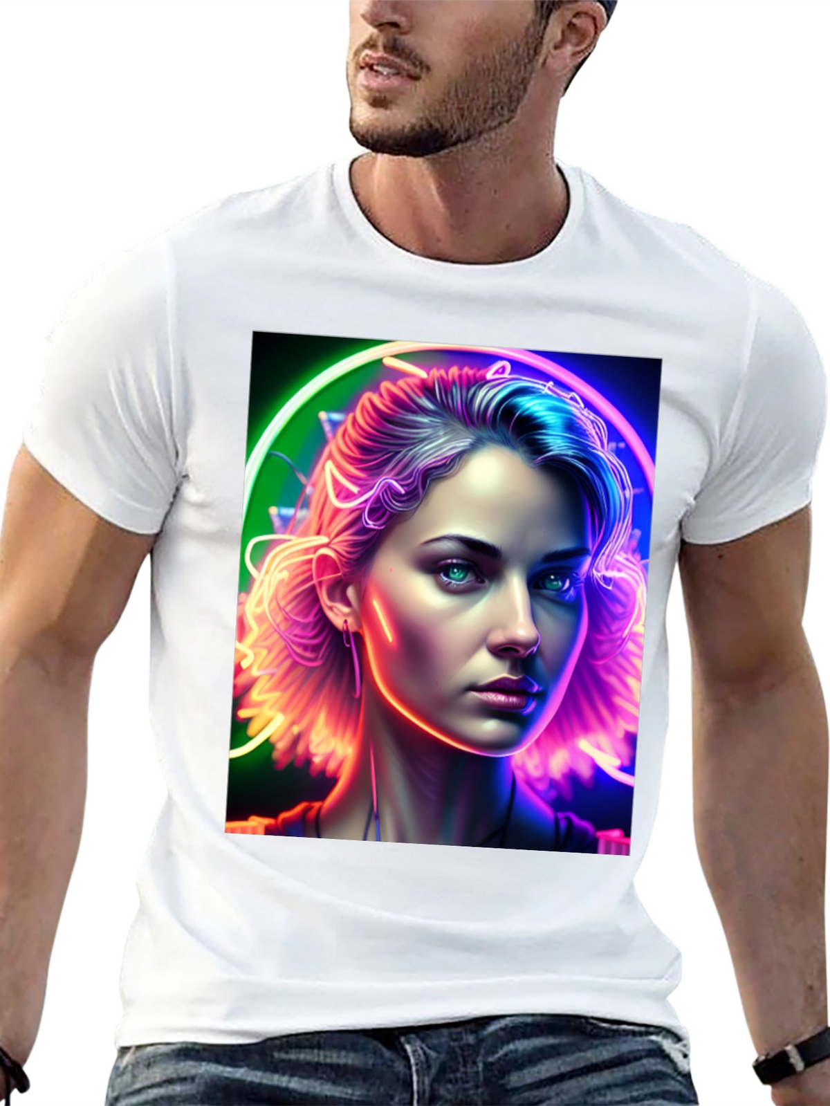 Neon Portrait Graphic Tee - Modern Art Shirt