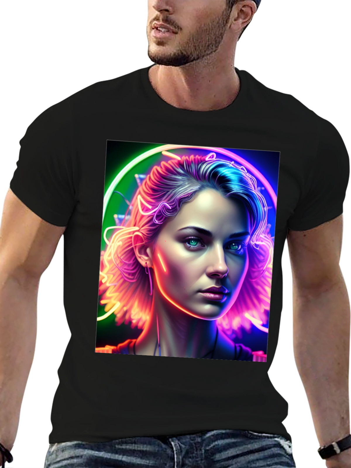 Neon Portrait Graphic Tee - Modern Art Shirt