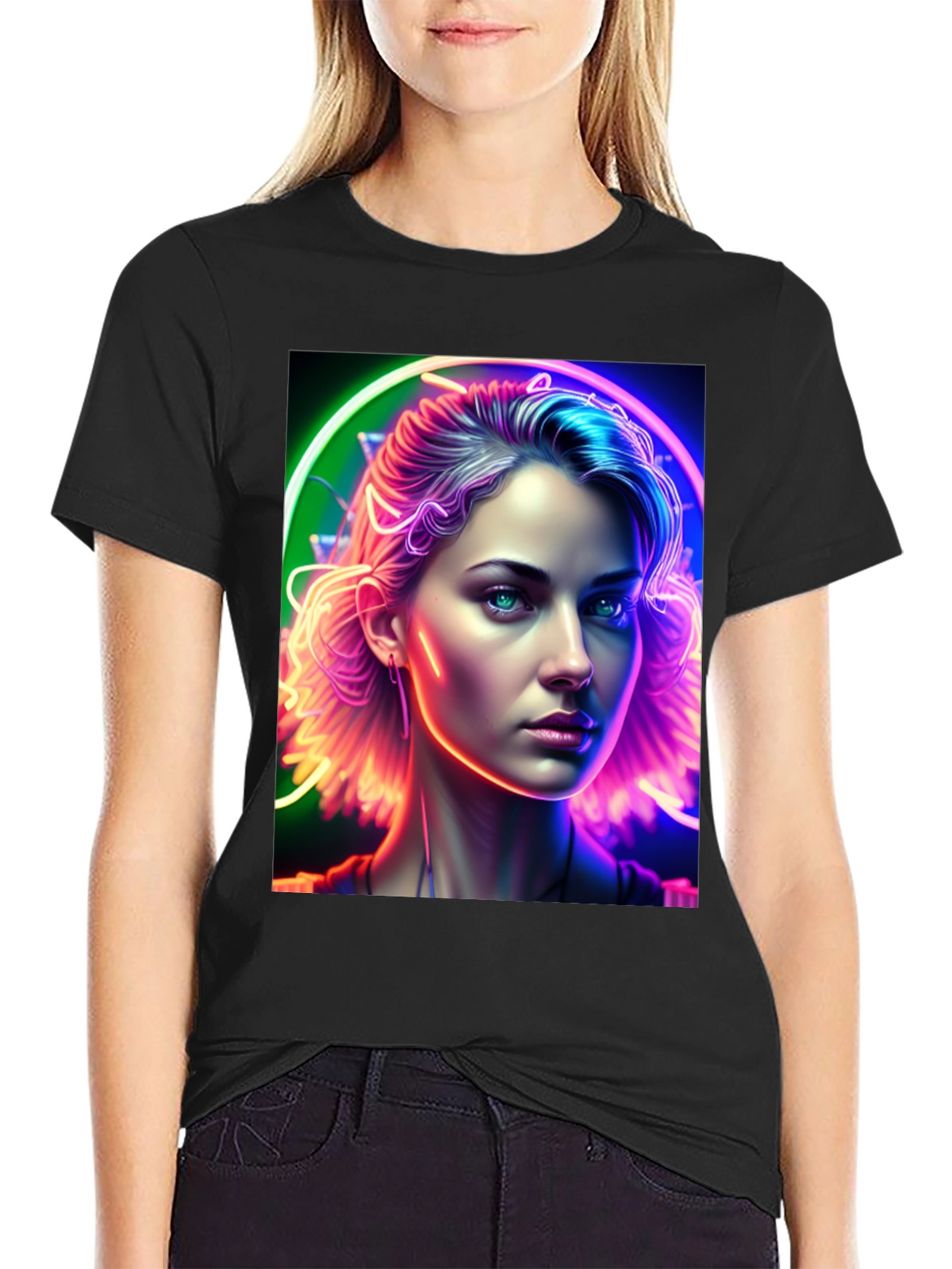 Neon Portrait Graphic Tee - Modern Art Shirt