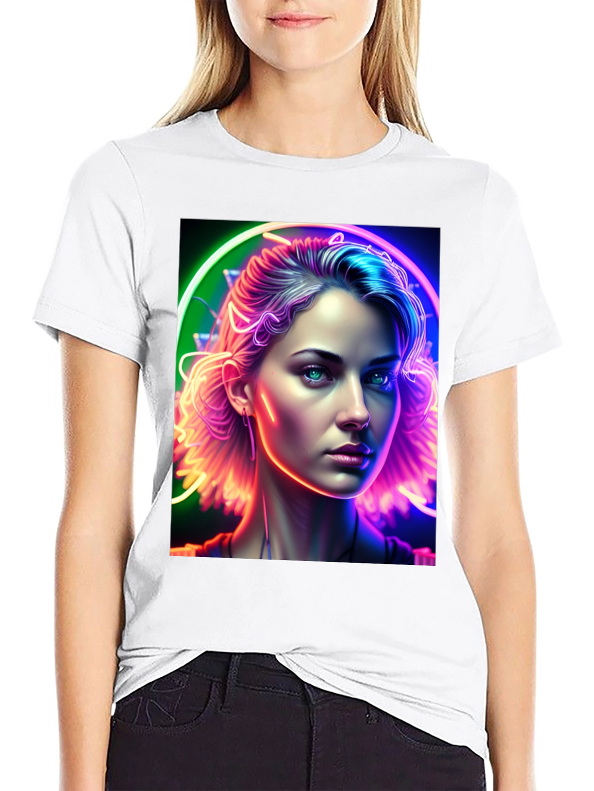 Neon Portrait Graphic Tee - Modern Art Shirt