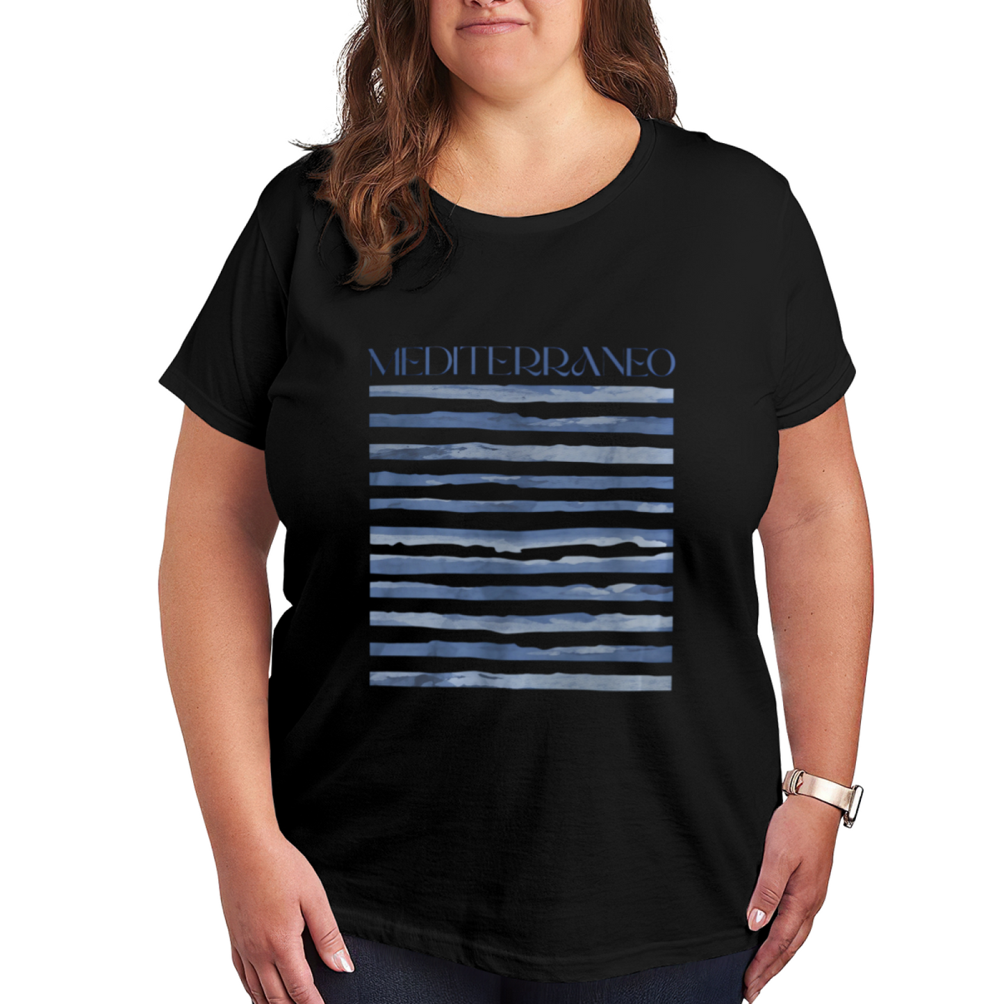 Minimal MEDITERRANEO Blue Watercolor Stripe Coastal Print Plus Size Women¡¯s T-Shirt