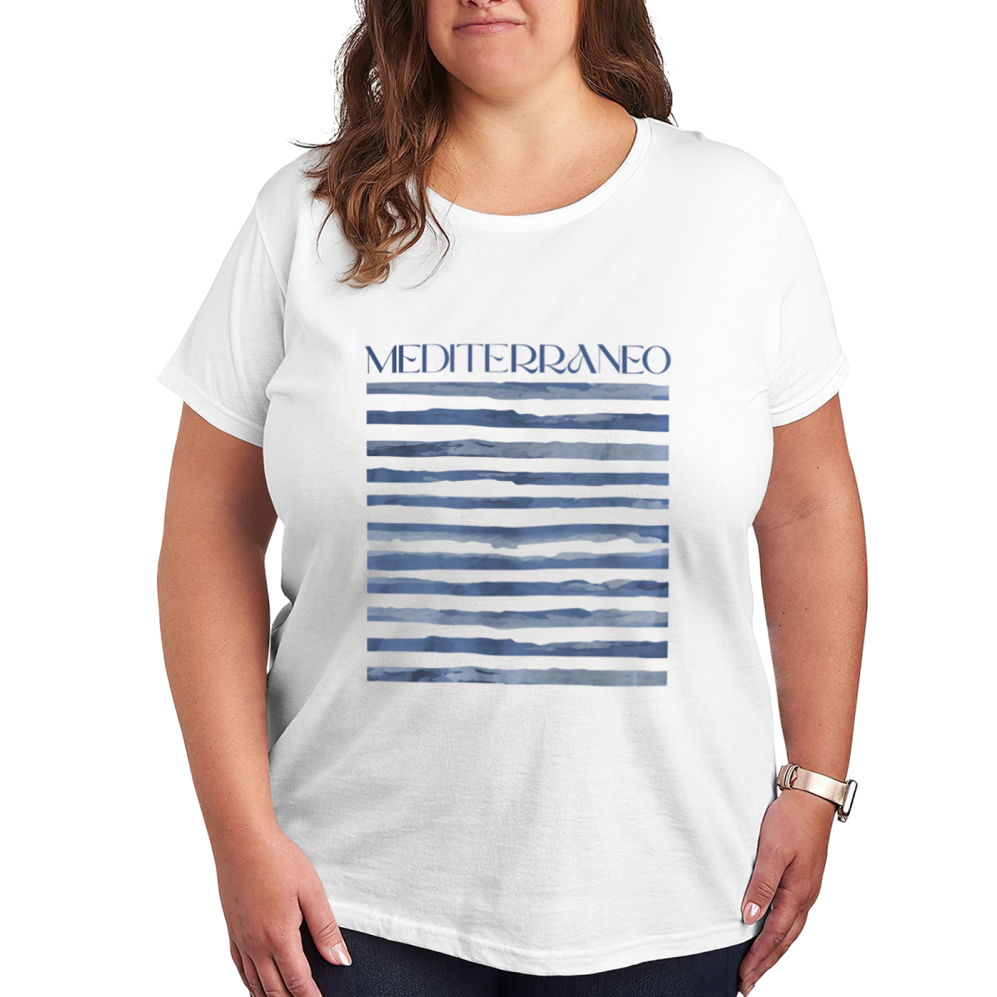 Minimal MEDITERRANEO Blue Watercolor Stripe Coastal Print Plus Size Women¡¯s T-Shirt