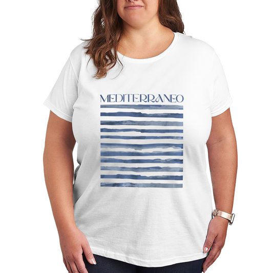 Minimal MEDITERRANEO Blue Watercolor Stripe Coastal Print Plus Size Women¡¯s T-Shirt