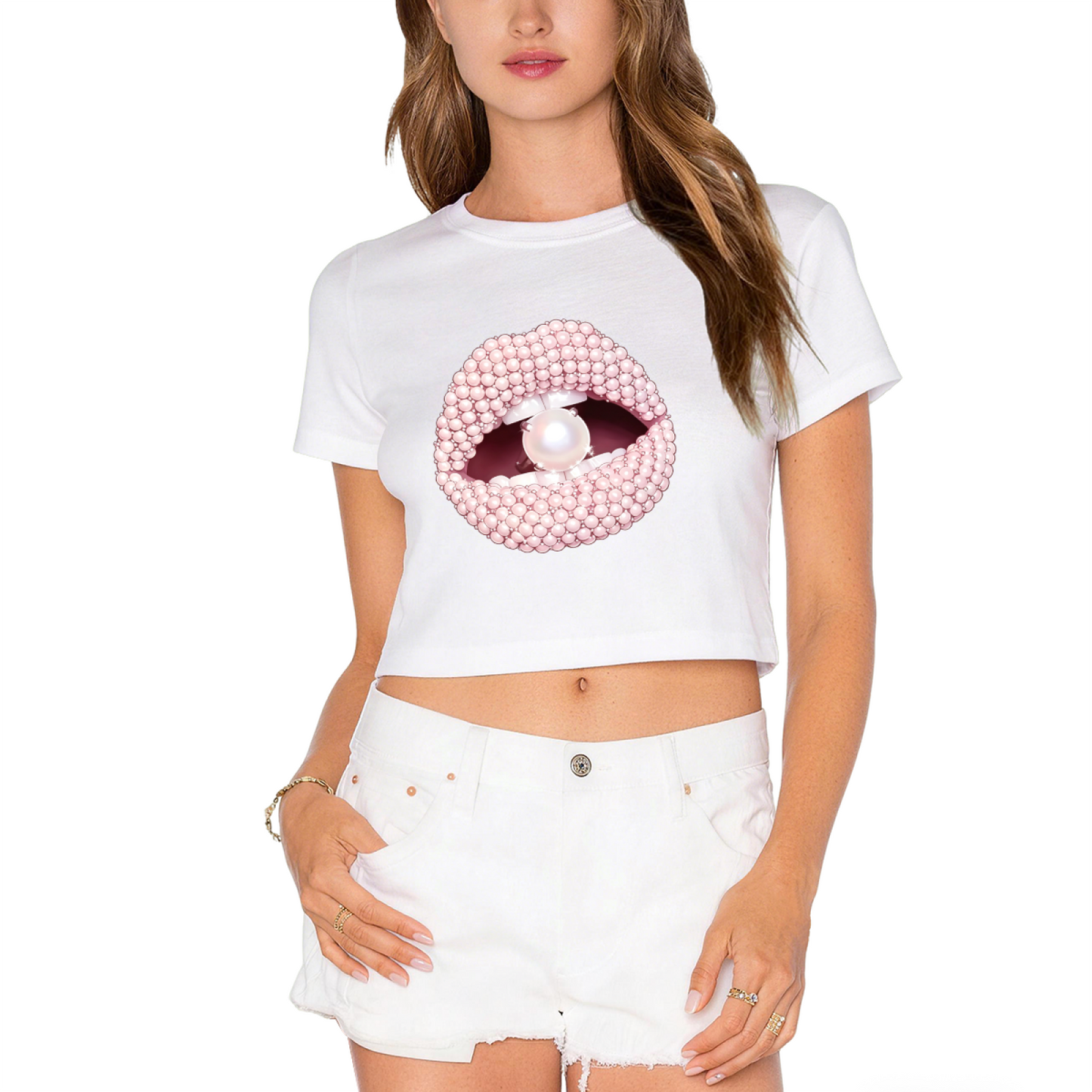 Luxury Pearl Beaded Lips Glam Hot Pink Crop Tee