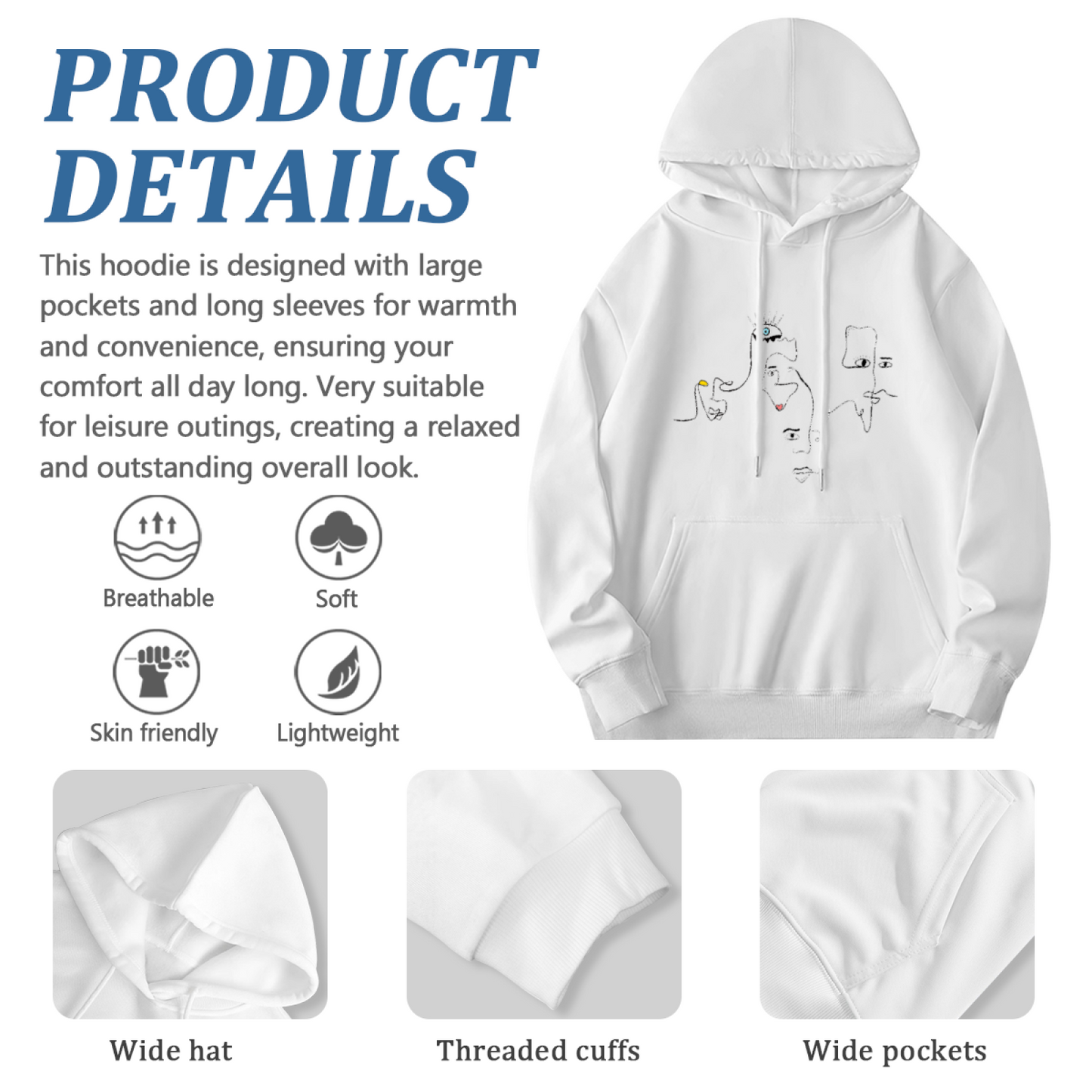 Minimal Abstract Line Art Face White Hoodie, Ultra Soft Comfort Art Daily Pullover