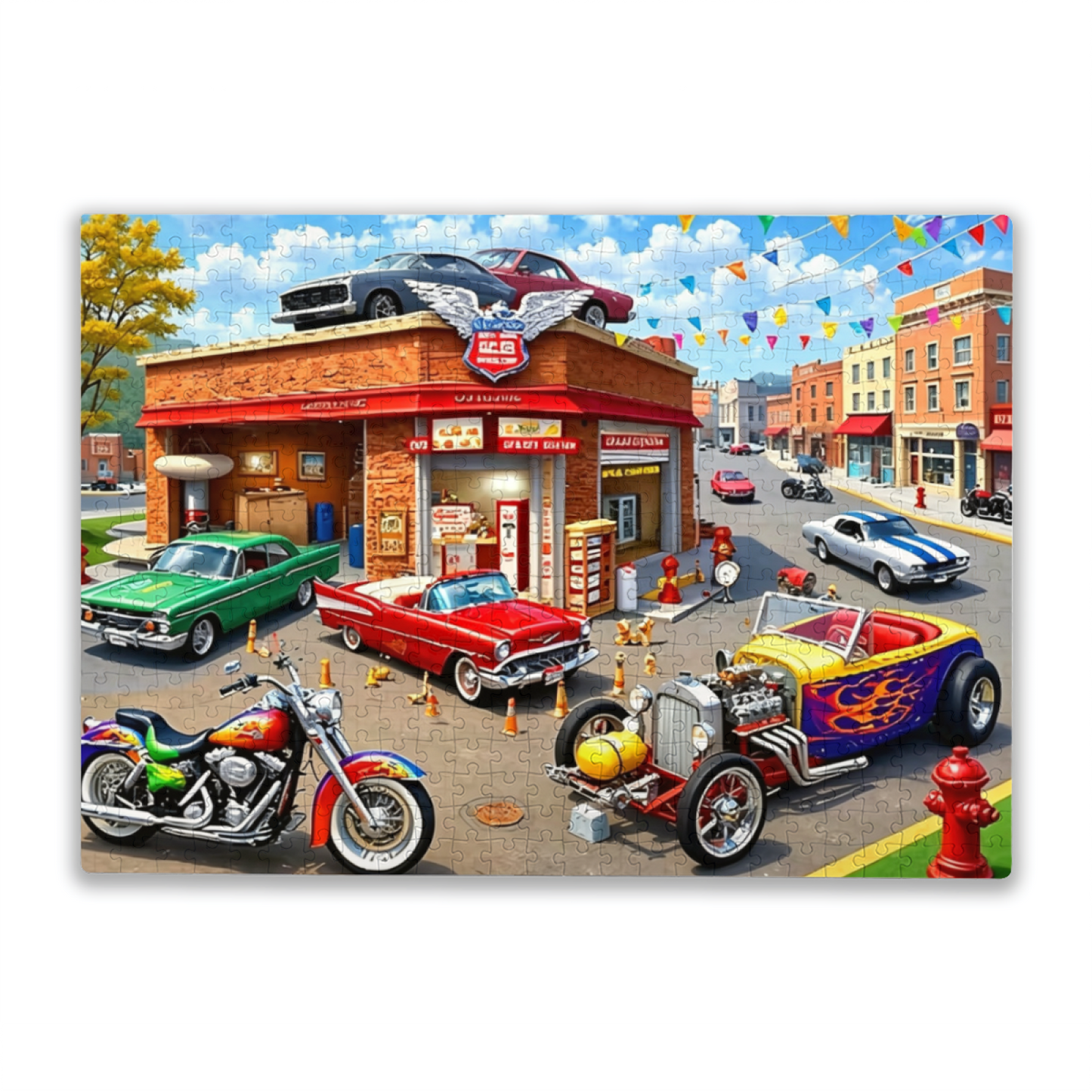Classic Hot Rod & Motorcycle Retro Garage Street Jigsaw Puzzle | Cool Vintage Muscle Car Puzzle 300/500/1000 Pieces