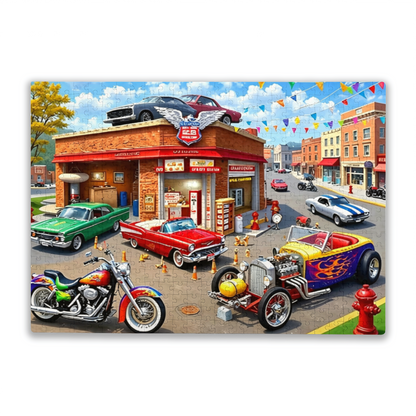 Classic Hot Rod & Motorcycle Retro Garage Street Jigsaw Puzzle | Cool Vintage Muscle Car Puzzle 300/500/1000 Pieces