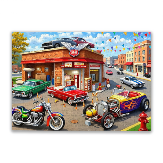 Classic Hot Rod & Motorcycle Retro Garage Street Jigsaw Puzzle | Cool Vintage Muscle Car Puzzle 300/500/1000 Pieces