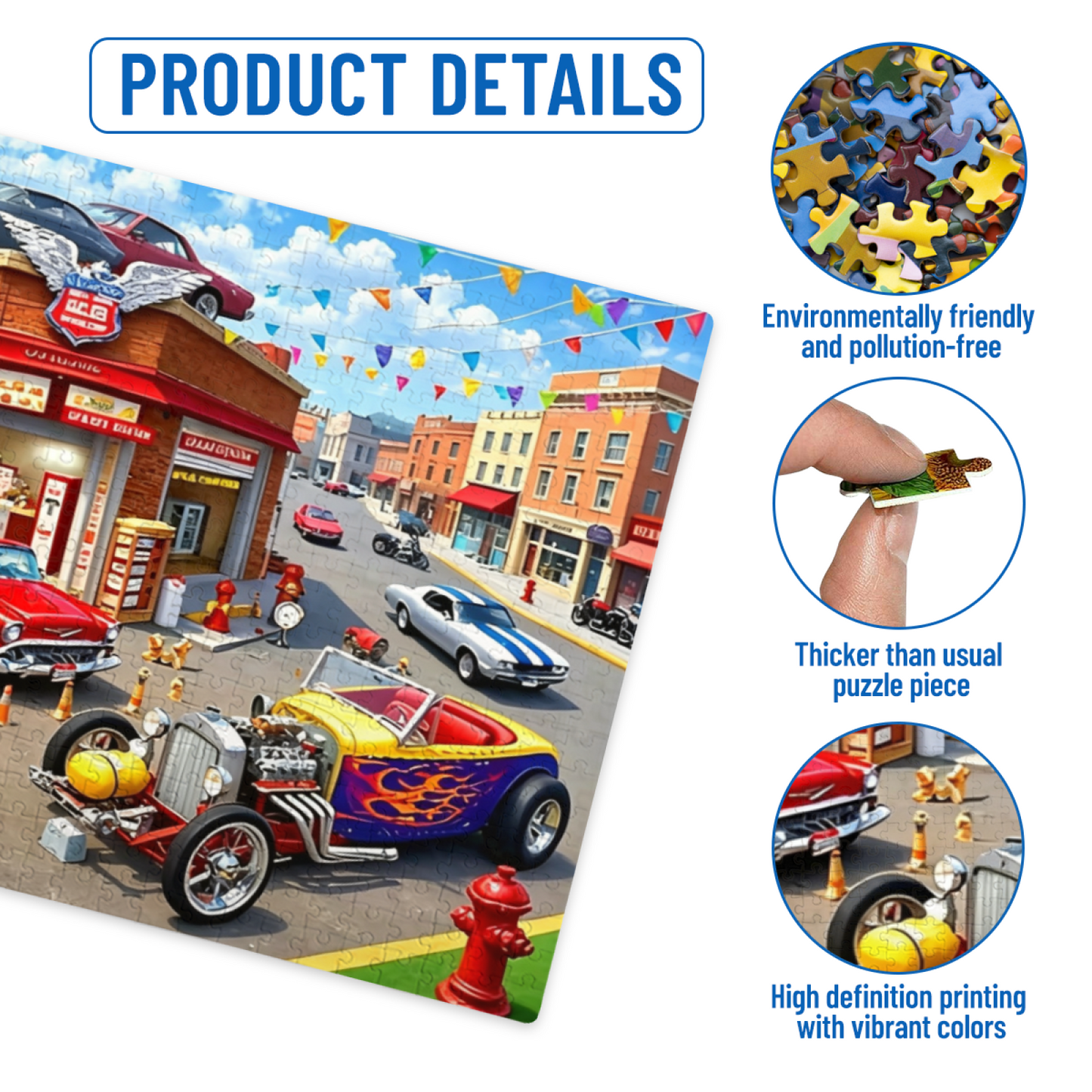 Classic Hot Rod & Motorcycle Retro Garage Street Jigsaw Puzzle | Cool Vintage Muscle Car Puzzle 300/500/1000 Pieces