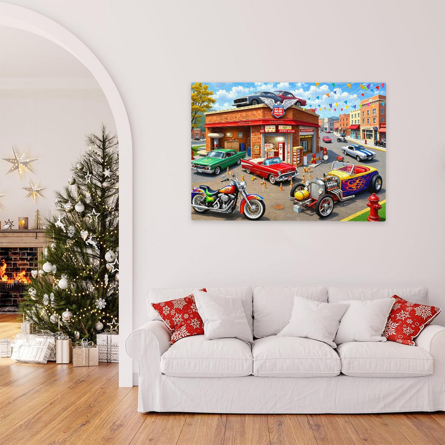 Classic Hot Rod & Motorcycle Retro Garage Street Jigsaw Puzzle | Cool Vintage Muscle Car Puzzle 300/500/1000 Pieces