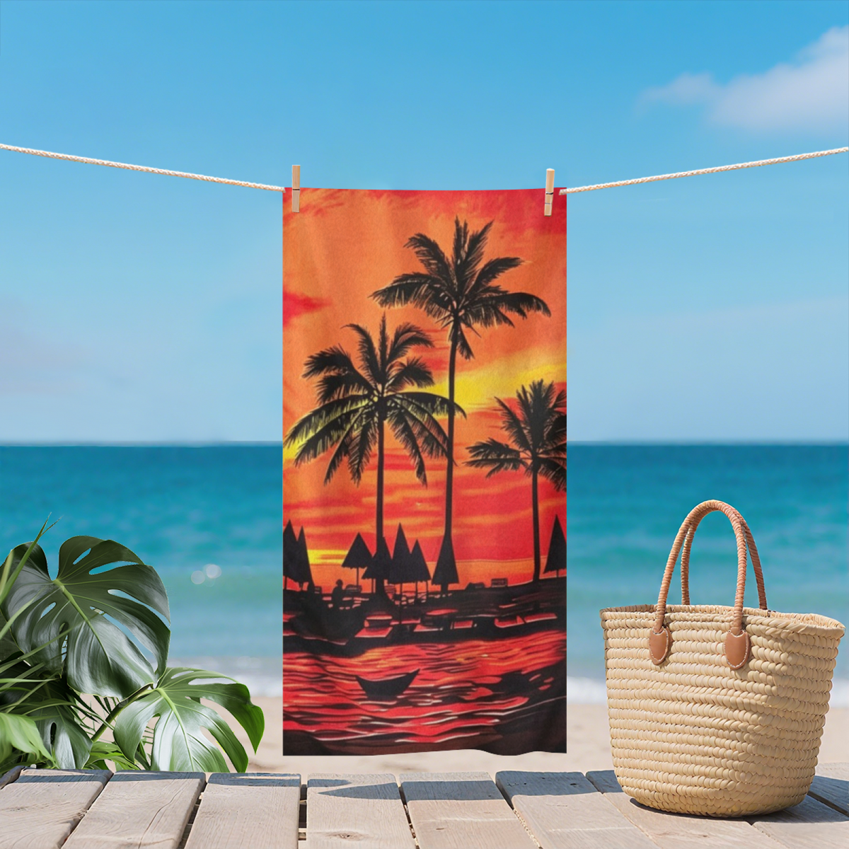 Sunset Coconut Palm Tree Scenery Beach Towel, Luxuriously Soft & Powerful Water Absorption, Multi Size Selection for Relaxing Beachside Lounging