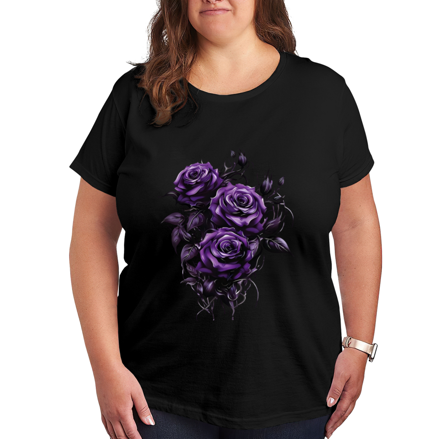 Deep Dark Purple Gothic Rose Trio Plus Size Women Printed T-Shirt