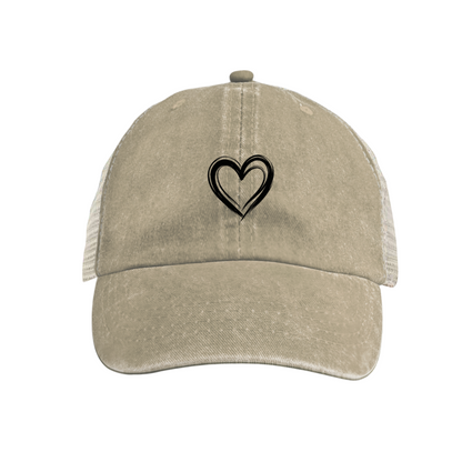 Minimal Double Outline Heart Mustard Yellow Distressed Mesh Casual Cap
