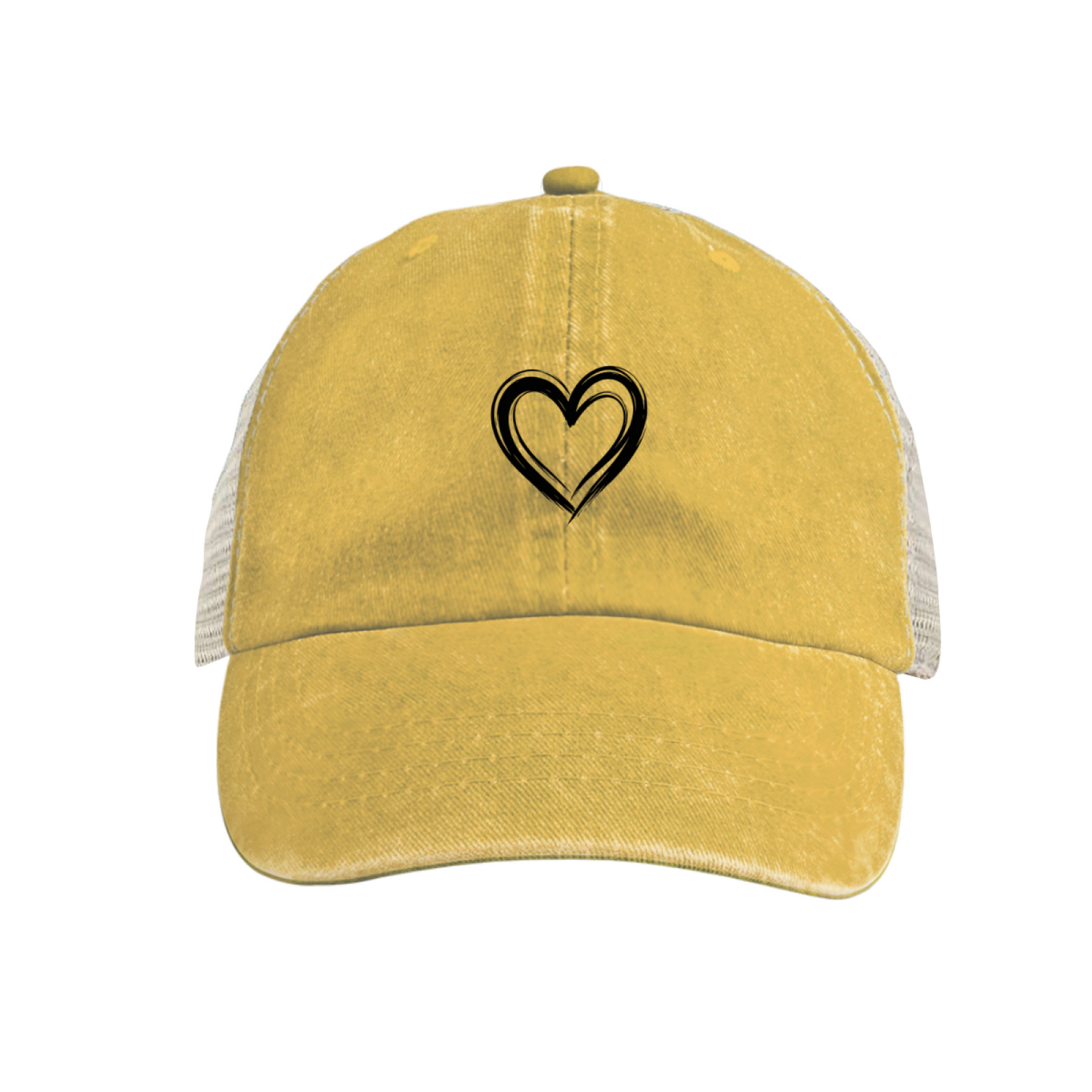 Minimal Double Outline Heart Mustard Yellow Distressed Mesh Casual Cap