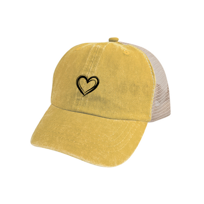 Minimal Double Outline Heart Mustard Yellow Distressed Mesh Casual Cap