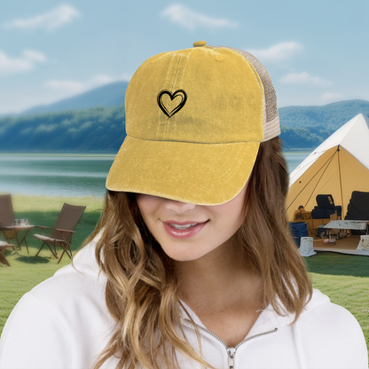 Minimal Double Outline Heart Mustard Yellow Distressed Mesh Casual Cap