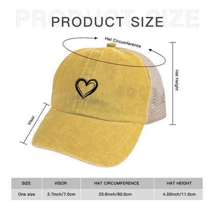Minimal Double Outline Heart Mustard Yellow Distressed Mesh Casual Cap