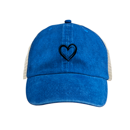 Minimal Double Outline Heart Mustard Yellow Distressed Mesh Casual Cap