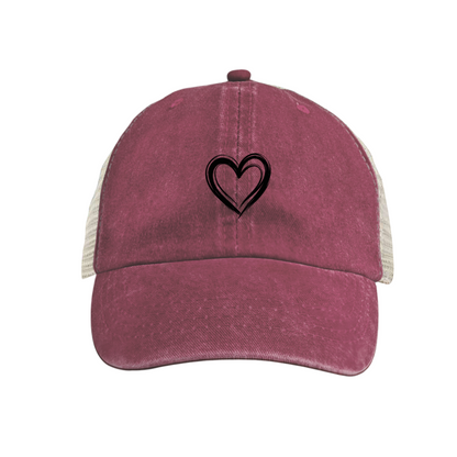 Minimal Double Outline Heart Mustard Yellow Distressed Mesh Casual Cap