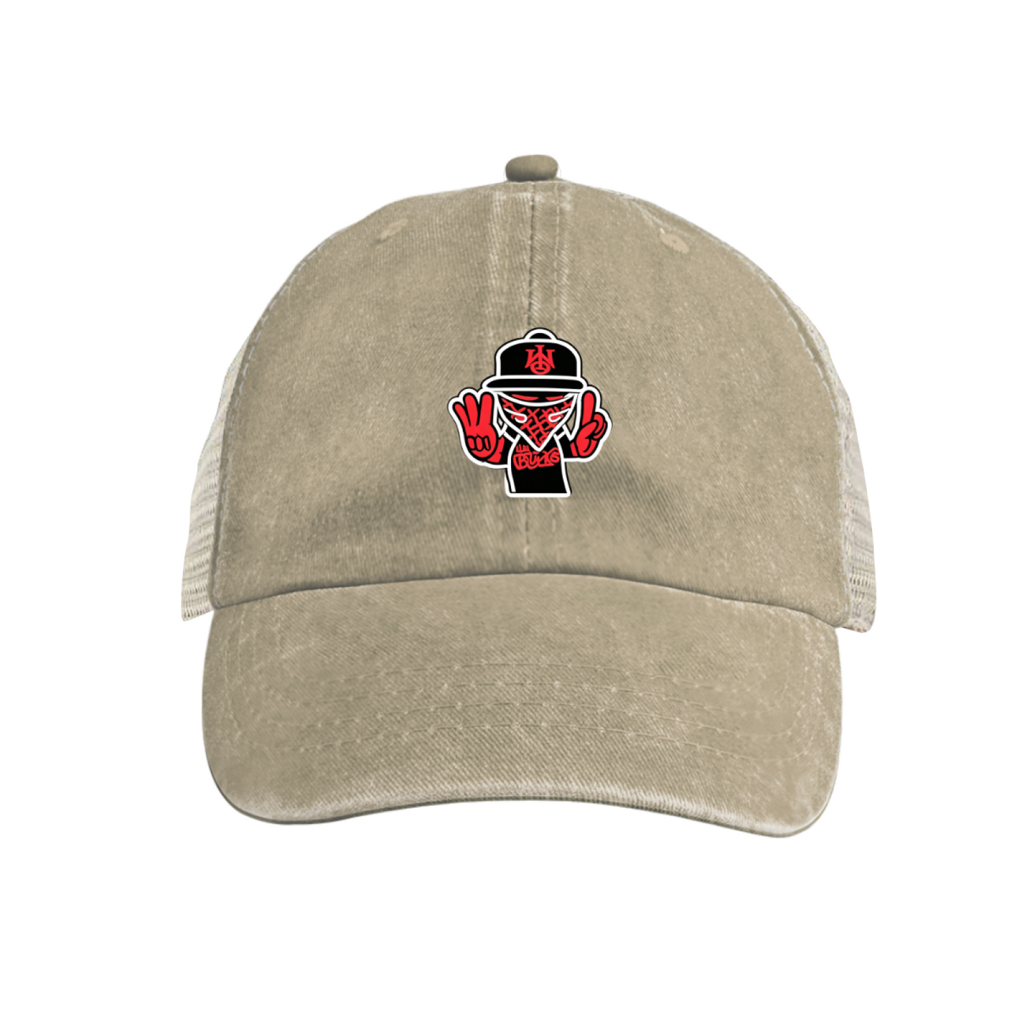 Hip Hop Bandana Guy Peace Sign Khaki Washed Mesh Streetwear Trucker Hat