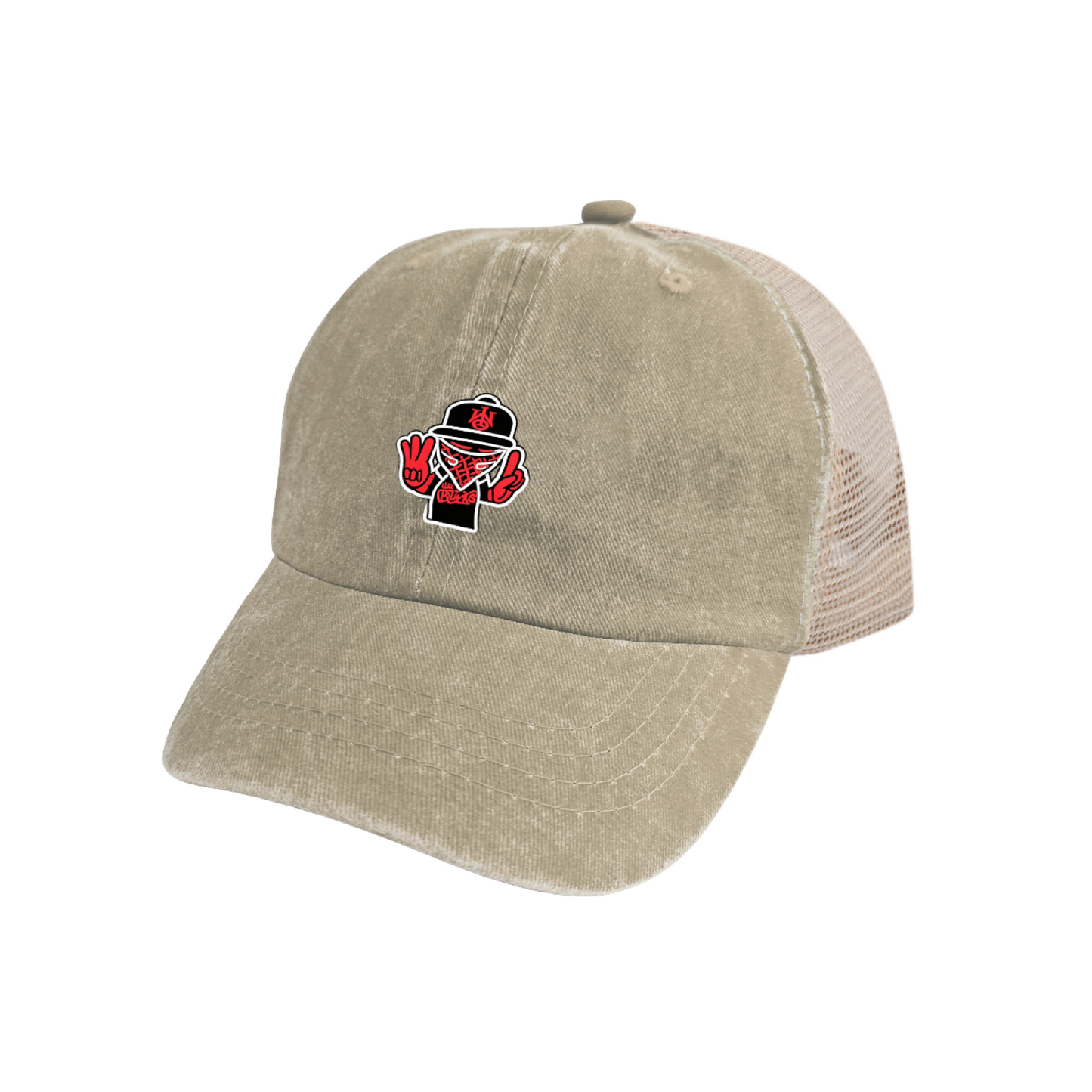 Hip Hop Bandana Guy Peace Sign Khaki Washed Mesh Streetwear Trucker Hat