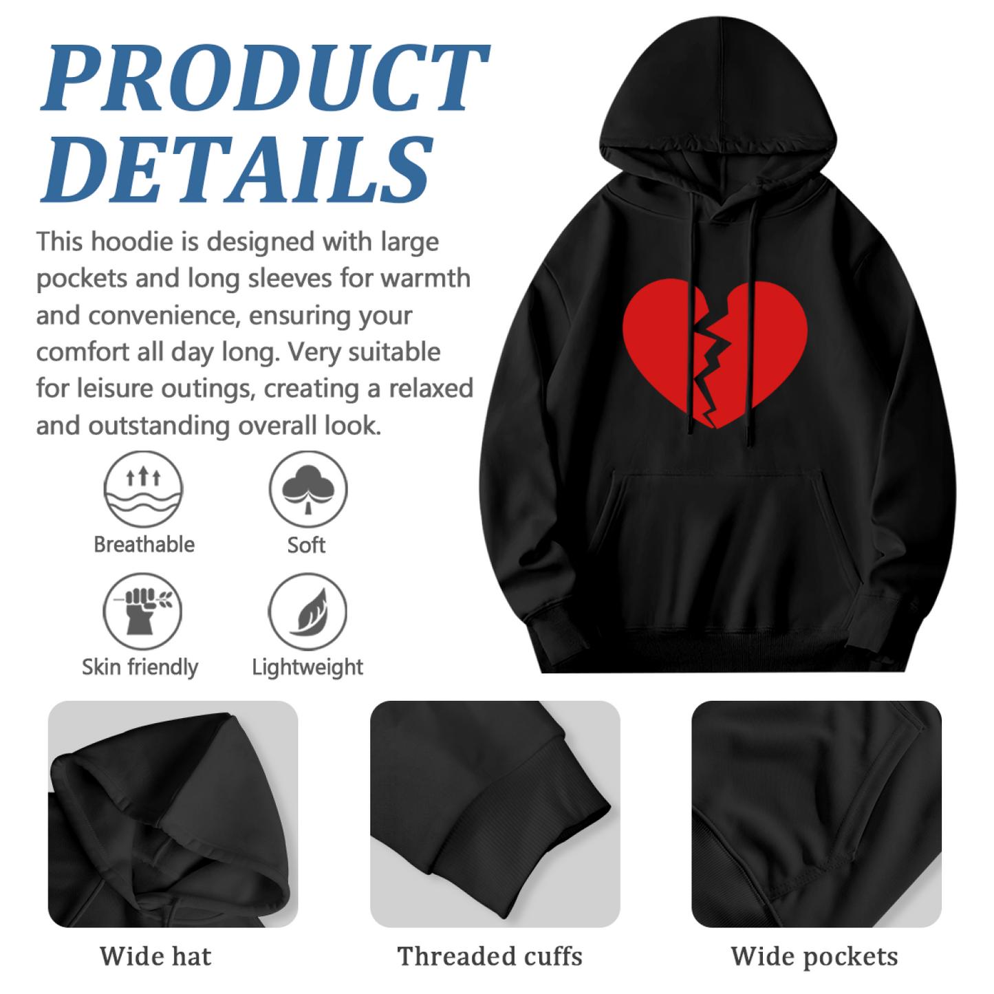 Broken Heart Edgy Comfort Black Hoodie, Unisex Street Pullover