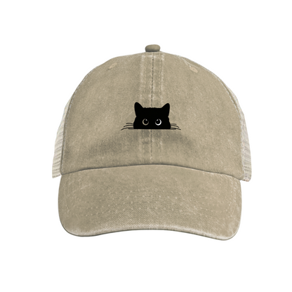 Peeking Black Cat Maroon Washed Mesh Trucker Hat, Cat Lover Retro Distressed Mesh Cap