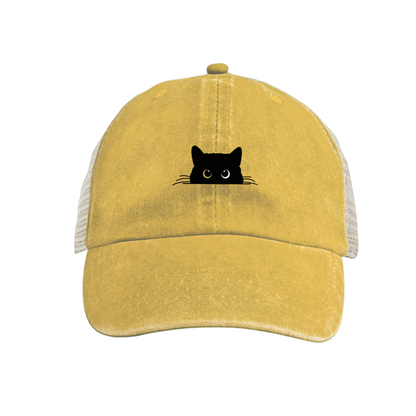 Peeking Black Cat Maroon Washed Mesh Trucker Hat, Cat Lover Retro Distressed Mesh Cap