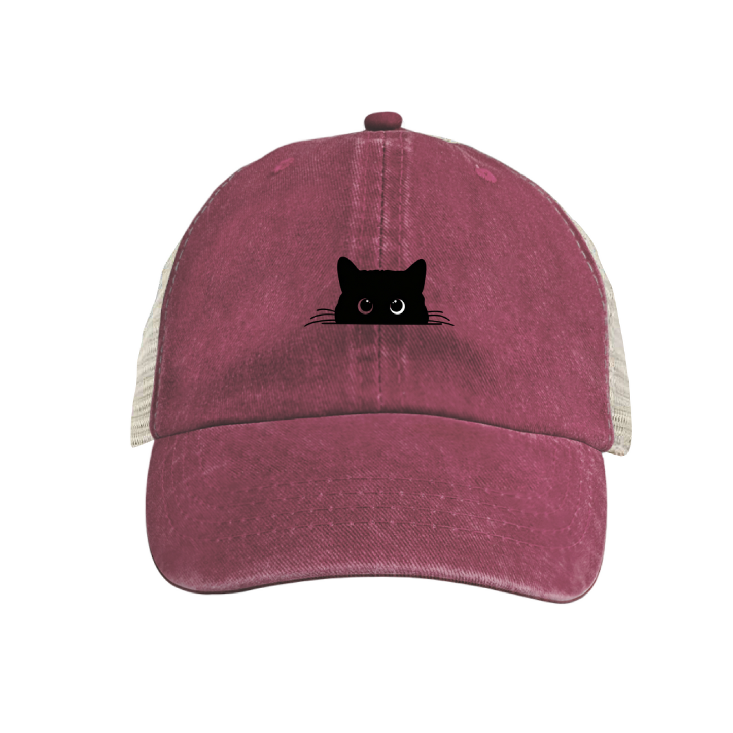 Peeking Black Cat Maroon Washed Mesh Trucker Hat, Cat Lover Retro Distressed Mesh Cap