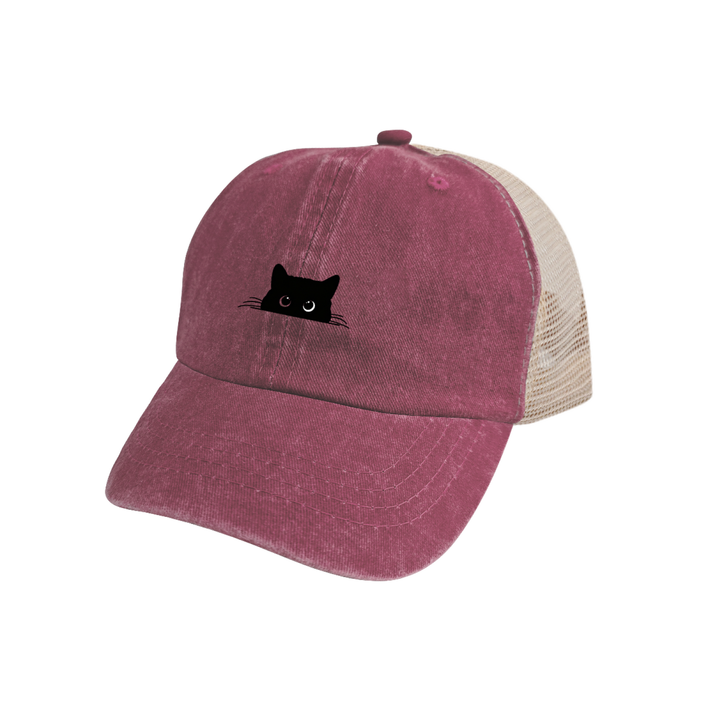 Peeking Black Cat Maroon Washed Mesh Trucker Hat, Cat Lover Retro Distressed Mesh Cap
