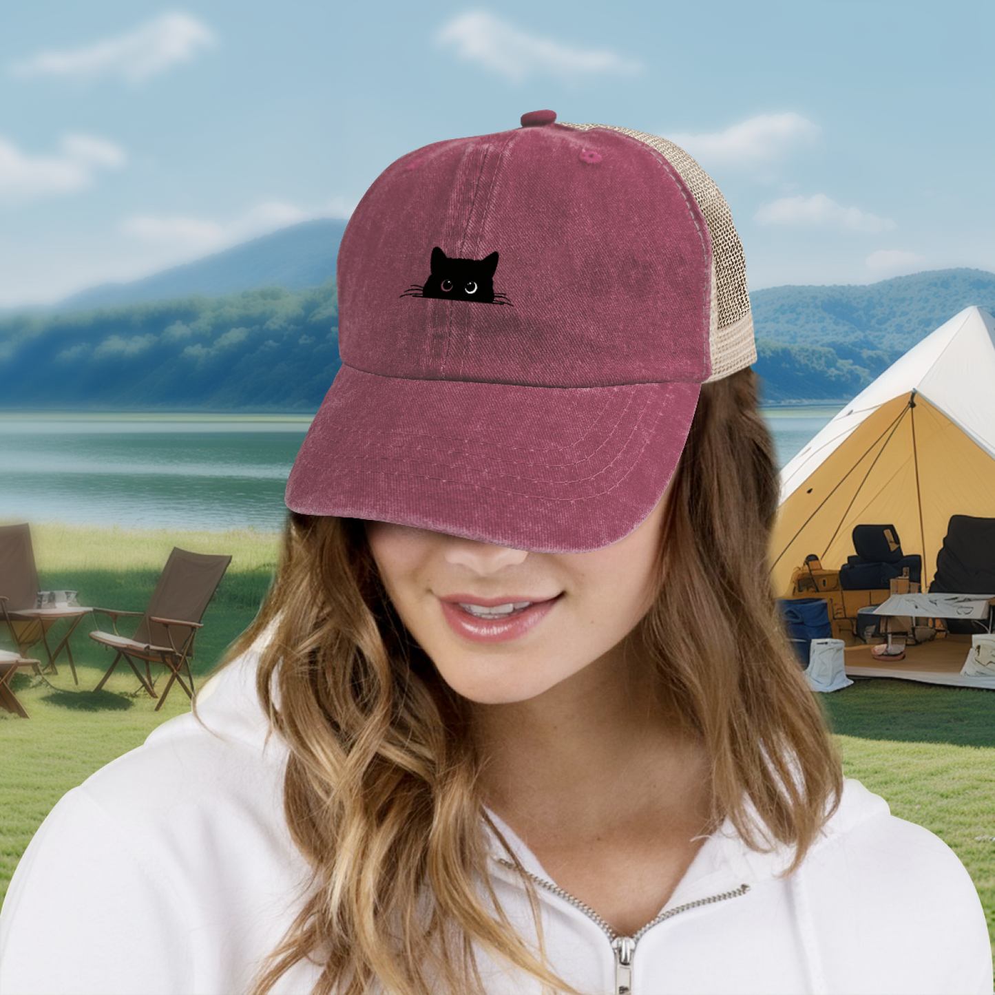 Peeking Black Cat Maroon Washed Mesh Trucker Hat, Cat Lover Retro Distressed Mesh Cap