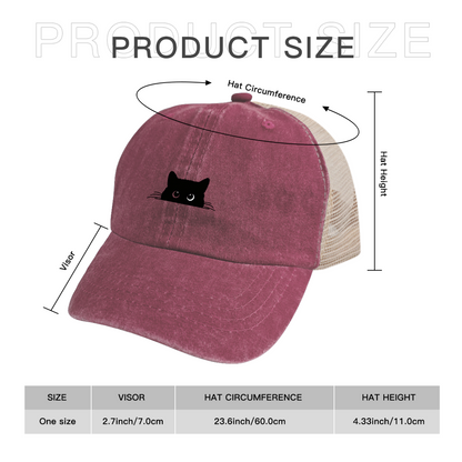 Peeking Black Cat Maroon Washed Mesh Trucker Hat, Cat Lover Retro Distressed Mesh Cap