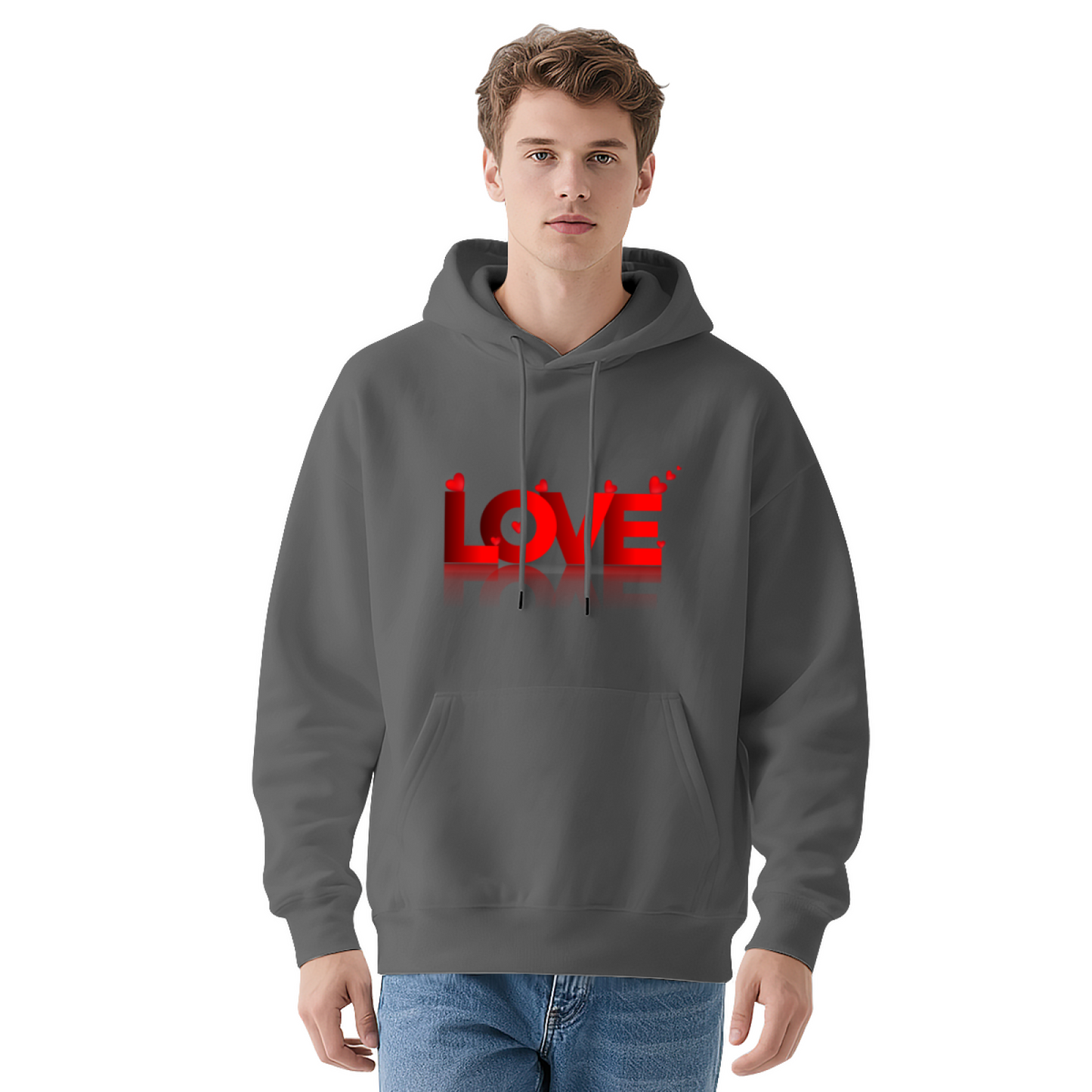 Red Heart LOVE Mirror Print Hoodie, Sweet Soft Comfort White Couple Hooded Top