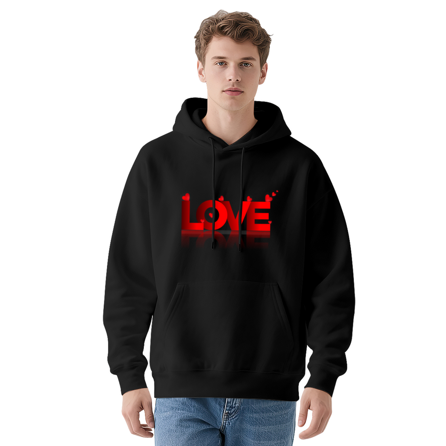Red Heart LOVE Mirror Print Hoodie, Sweet Soft Comfort White Couple Hooded Top