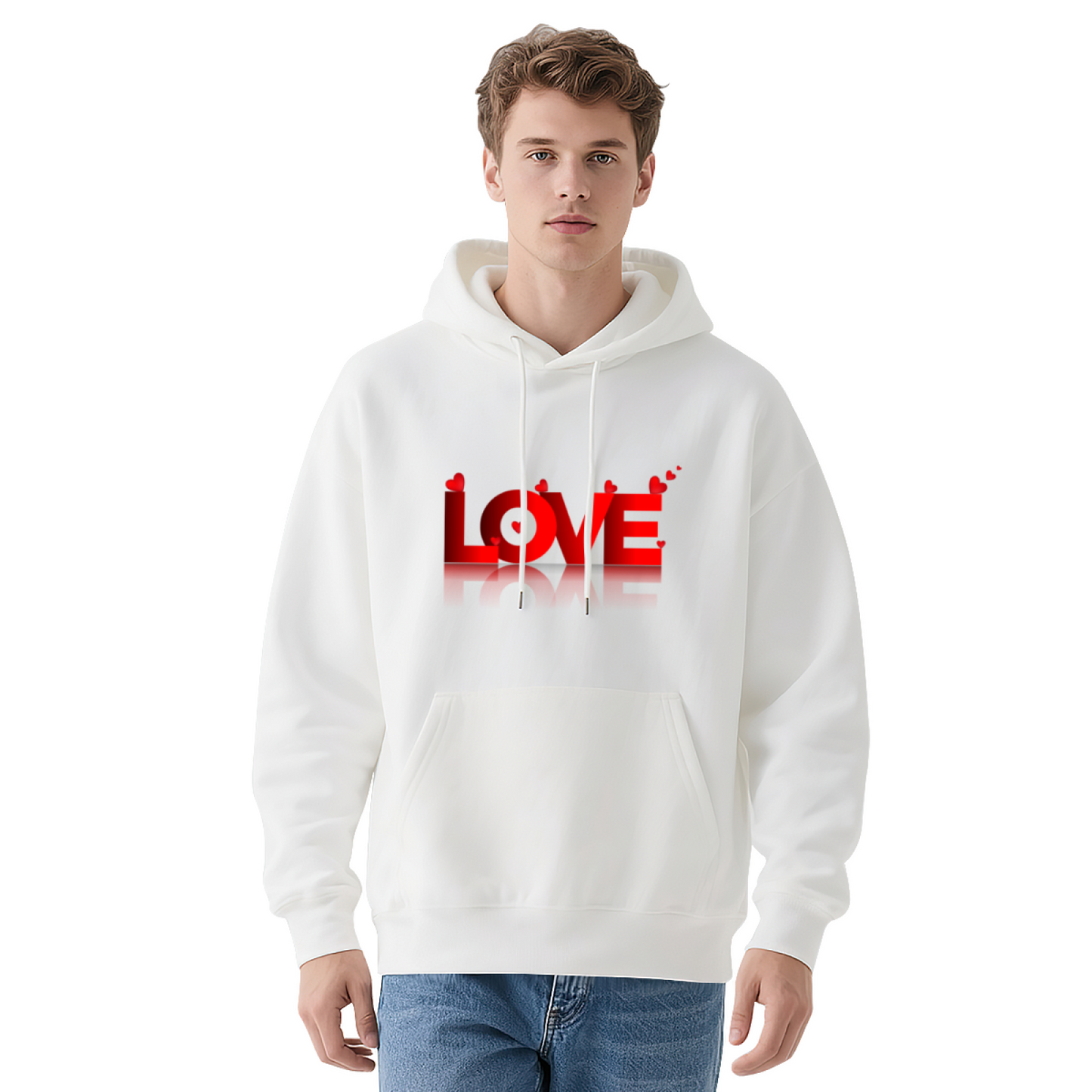 Red Heart LOVE Mirror Print Hoodie, Sweet Soft Comfort White Couple Hooded Top