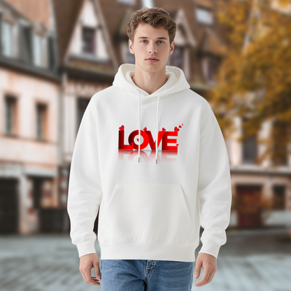 Red Heart LOVE Mirror Print Hoodie, Sweet Soft Comfort White Couple Hooded Top