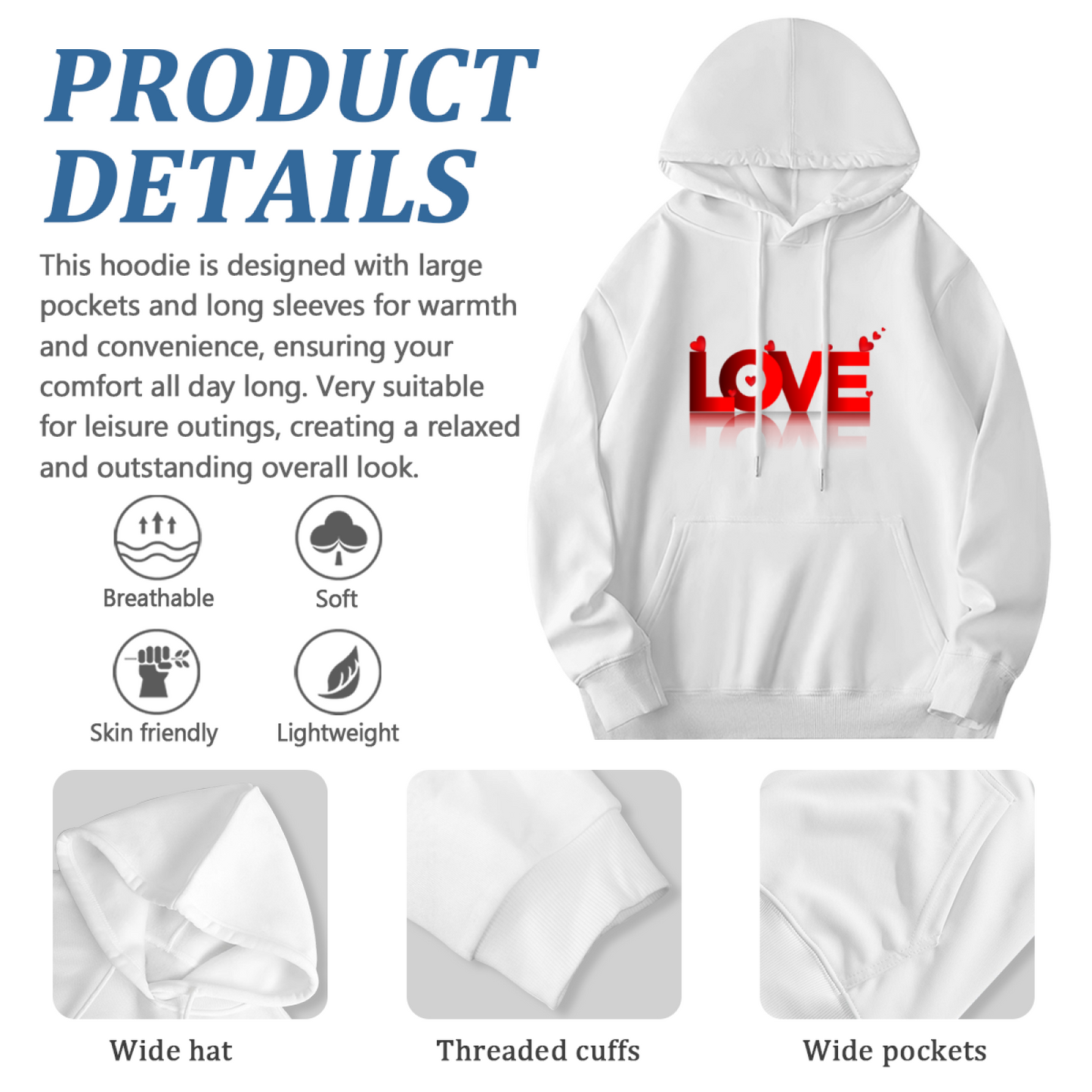 Red Heart LOVE Mirror Print Hoodie, Sweet Soft Comfort White Couple Hooded Top