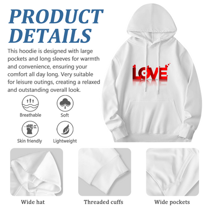 Red Heart LOVE Mirror Print Hoodie, Sweet Soft Comfort White Couple Hooded Top